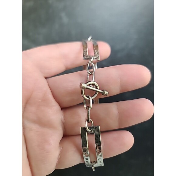 925 Sterling Hammered Silver Link Bracelet Vintage Toggle Closure - Picture 4 of 10